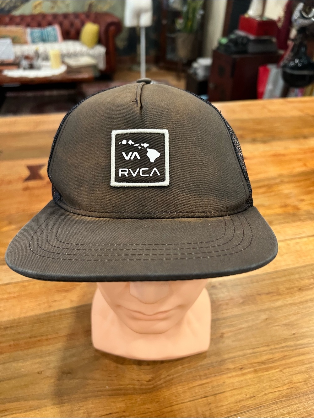 RVCA Flat Brim Faded Black Trucker Hat with Island Patch